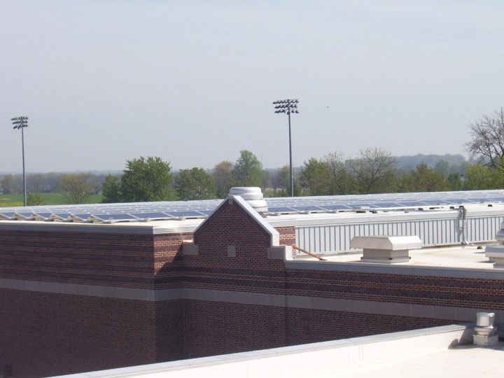 Wide shot of solar panels on the roof of the Jaeger Center