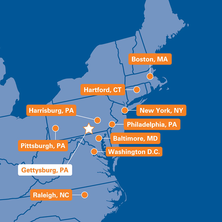 Map of the United States with Gettysburg College and nearbye cities on it