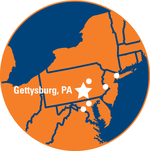 Map of Gettysburg in relation to major East Coast cities; see table below for travel times