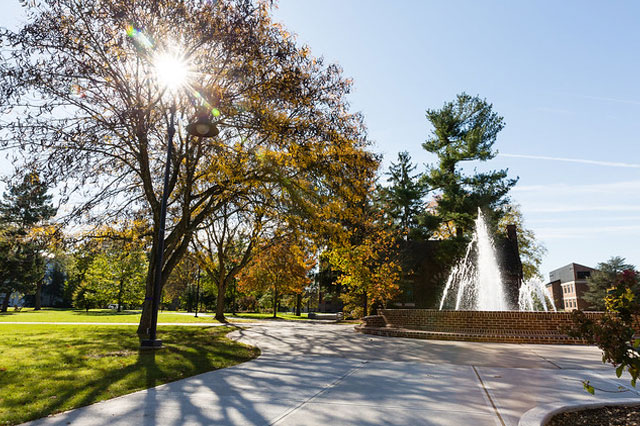 Gettysburg College fountain in sunlight