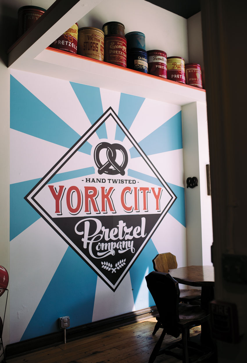 Photo of York City Pretzel Company logo on a wall
