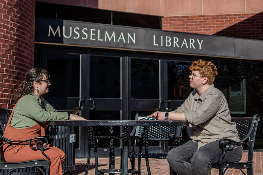 Hannah and Mary in front of Musselman Library