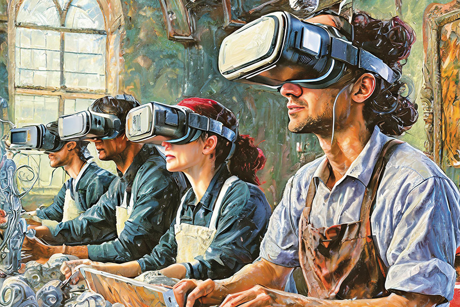 A group of people using virtual reality glasses