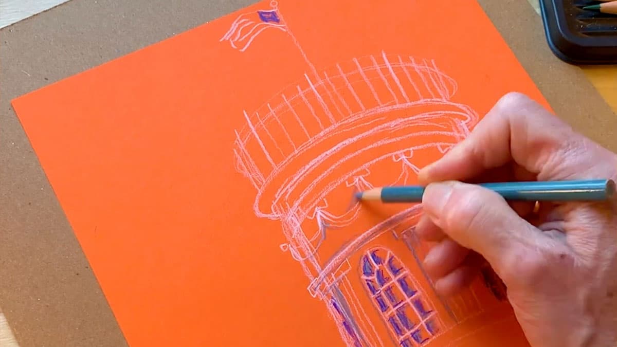 hand-drawn Cupola in white pencil on orange paper