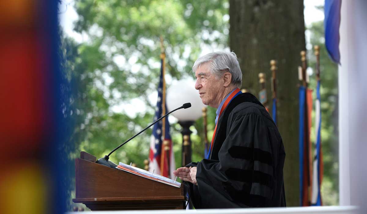Jerry Spinelli speaking at a Gettysburg College commencement ceremony
