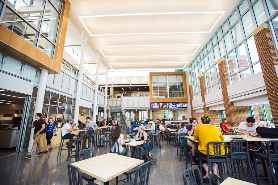 Students eating in the Janet Morgan Riggs Student Center