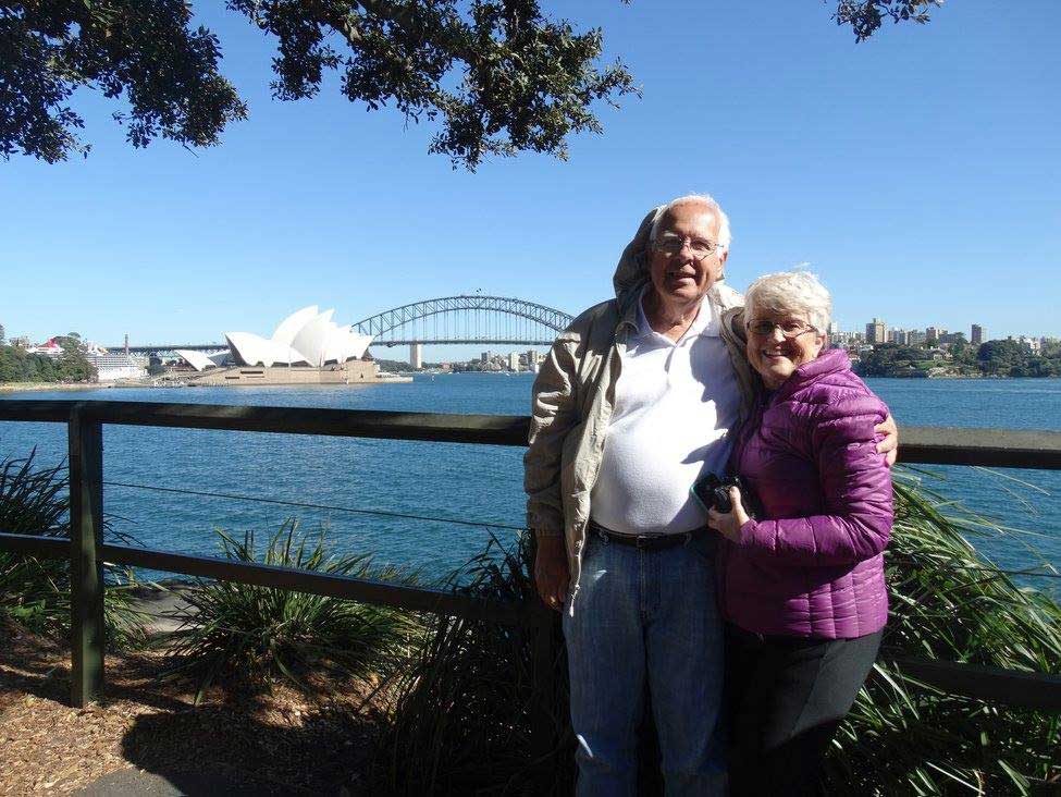 John and Lanie Nagle posing in front of the Sydney operah house in Australia