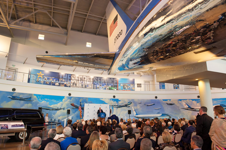 Fielding giving brief remarks under Air Force One