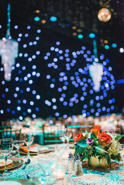 A decorated dinner table at the anniversary celebration at the Majestic