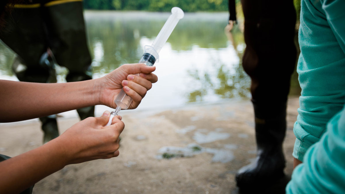 Student holding syringe containing river water