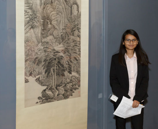 2015 Summer Academy student Kathya Lopez standing next to Reciting Poetry before the Yellowing of Autumn by Wu Li, Photo © Museum Associates/LACMA 2015 Summer Academy student Kathya Lopez standing next to Reciting Poetry before the Yellowing of Autumn by Wu Li, Photo © Museum Associates/LACMA.