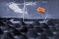 Painting of a boat in the water, part of the Schmucker Art Gallery's exhibit Getting There