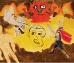 Painting of internet memes interacting with one another