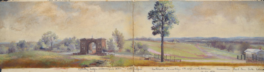 Painting of a cemetery with its gates open