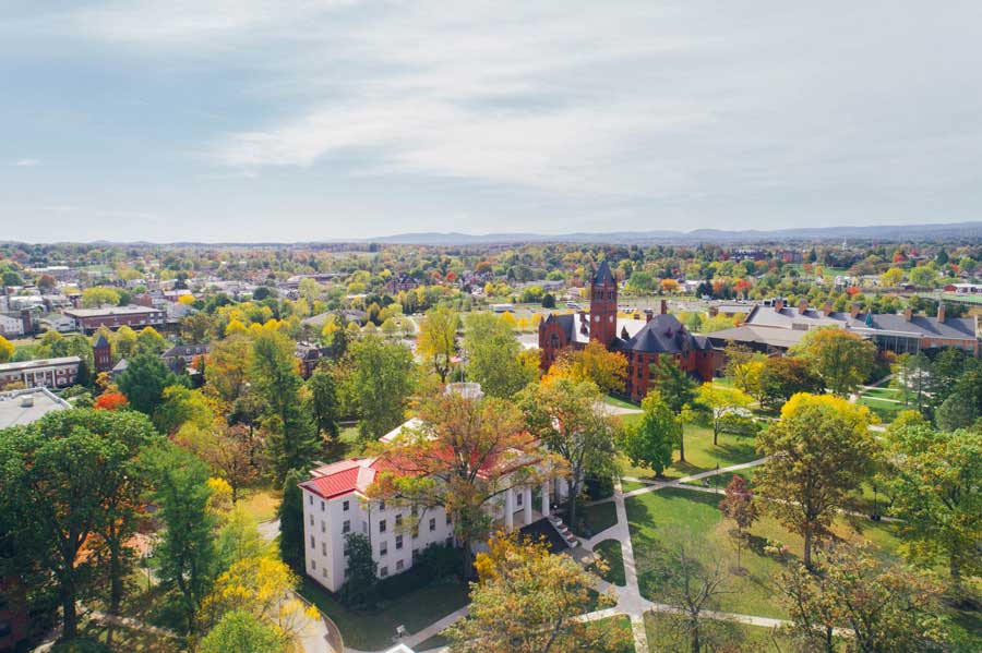 Aerial view of Gettysburg Colleges campus in the Fall
