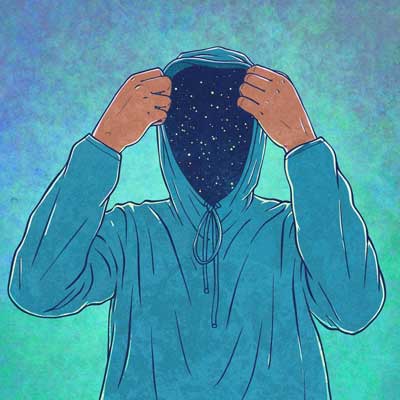 Person wearing hoodie with stars where their face should be