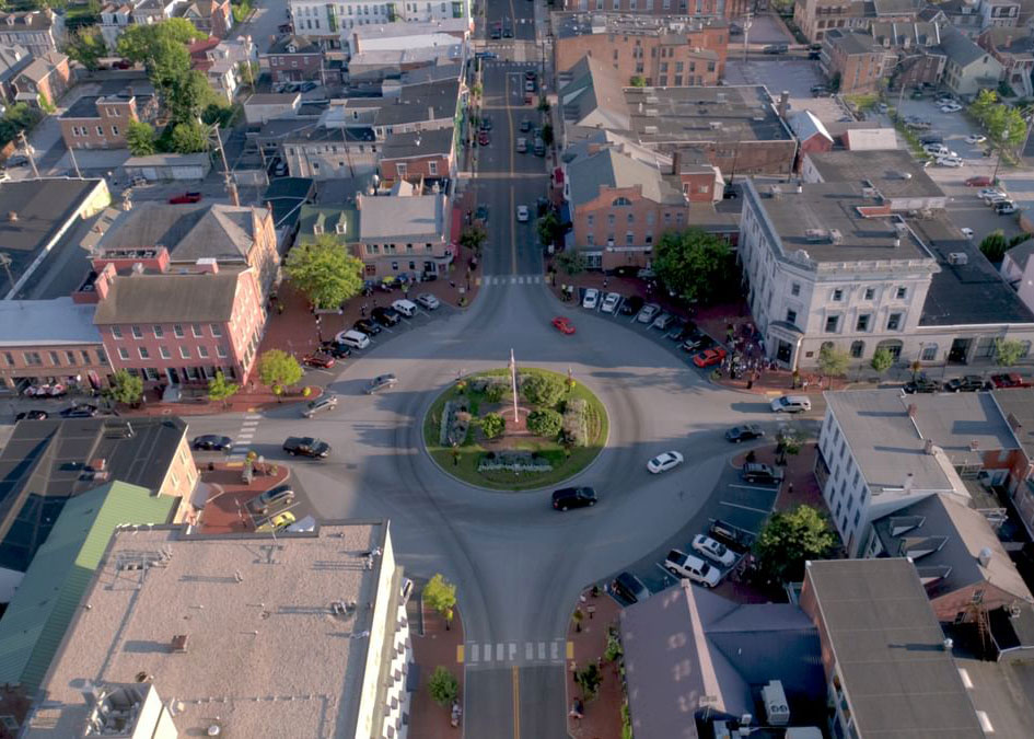 Aerial view of the square of Gettysburg, PA