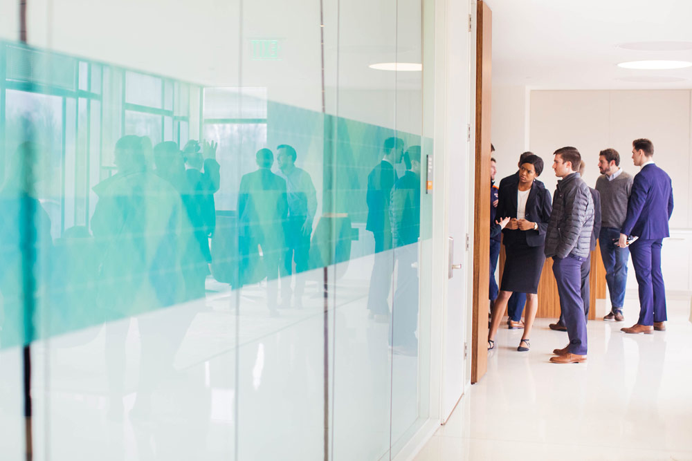 Students in a hallway at a business site