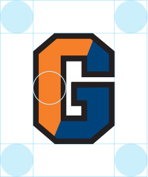 Gettysburg College athletic G logo clear space shown, width of G’s stem all around