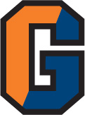 Gettysburg College athletic split G logo, orange and blue with black outline colorway