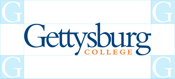 Gettysburg College wordmark clear space shown, height and width of G in Gettysburg all around
