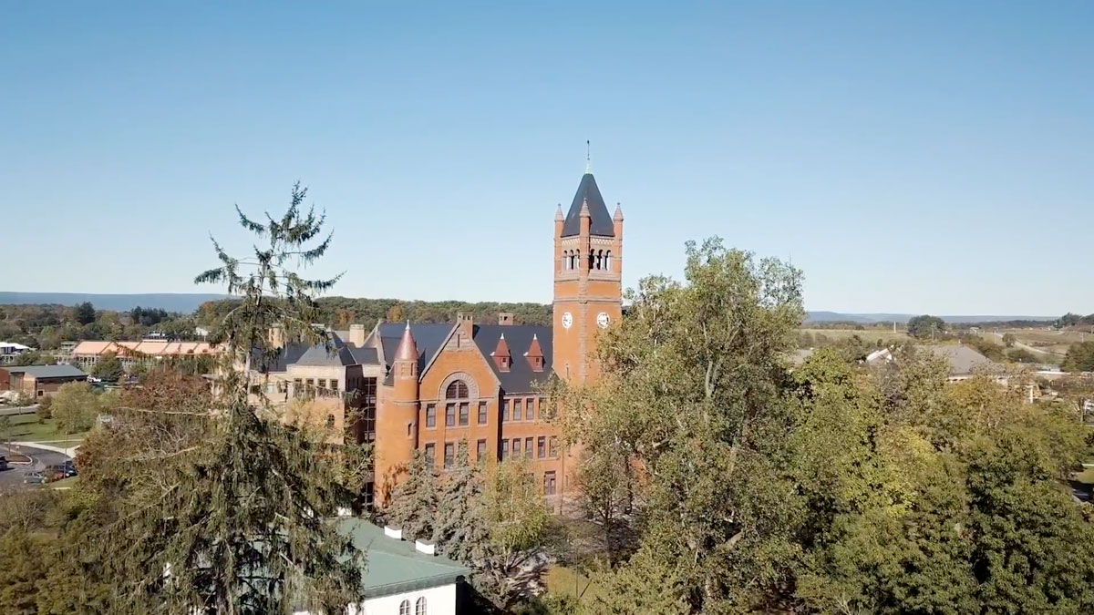 A birds eye view of Glatfelter Hall at Gettysburg College