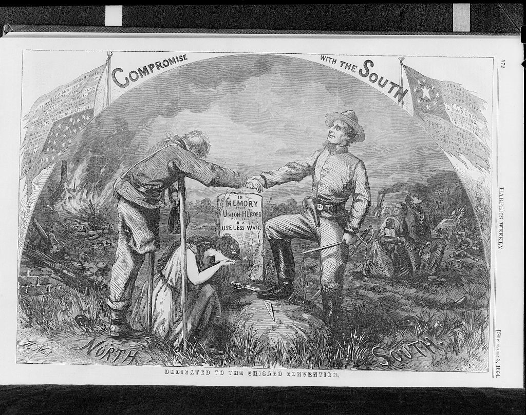Union and Confederate soldiers shake hands over a grave marked 'In memory of Union heroes in a useless war.'