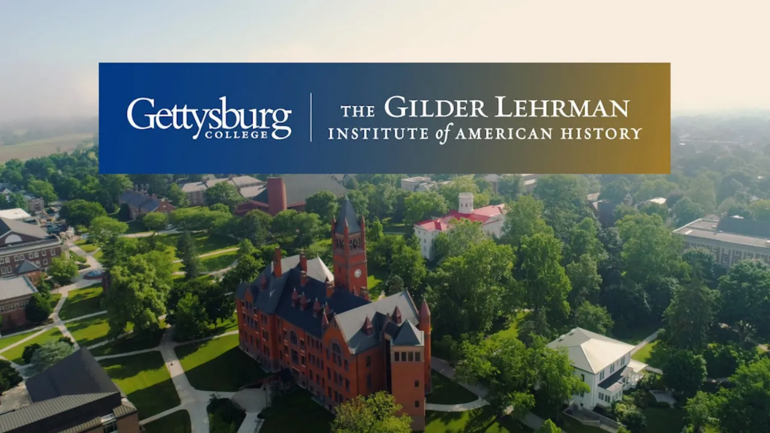 Aerial view of Gettysburg College campus with Gettysburg College and GLI wordmarks