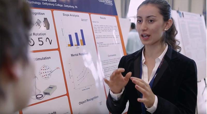 A student presenting in front of her poster on Celebration