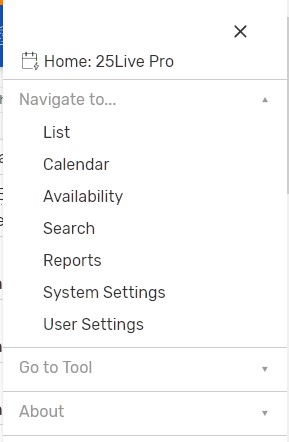 More menu list. List, Calendar, Availability, Search, Reports, System Settings, and User Settings