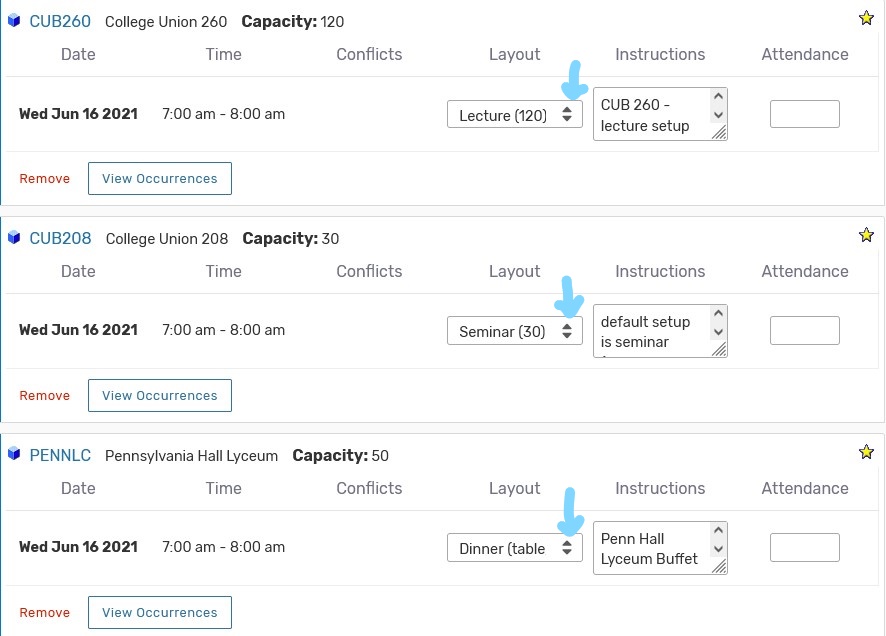 Lists out Penn Hall Lyceum, CUB208, and CUB260. Has a drawn on blue arrow pointing at the drop down arrow navigation for selecting a different layout. It cotains the date and time of the request from the creation of the image for training purposes.