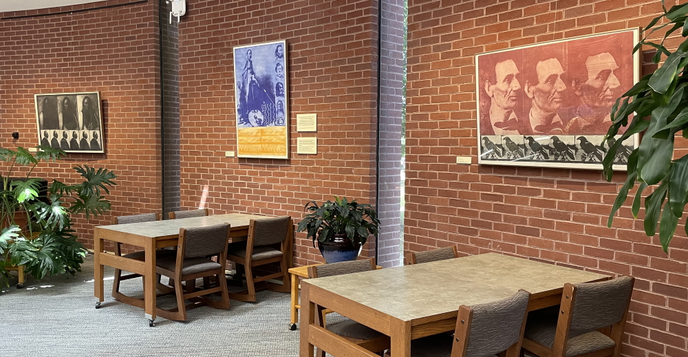 Photograph of Carl Beam exhibit on the Library Main Level Apse