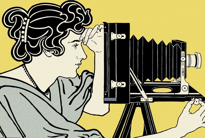 A cartoon image of a woman looking through a vintage camera with a yellow background.