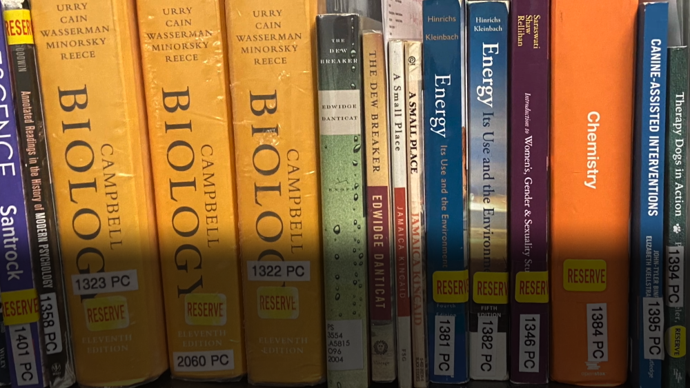 Books in the Course Materials collection lined up on a shelf