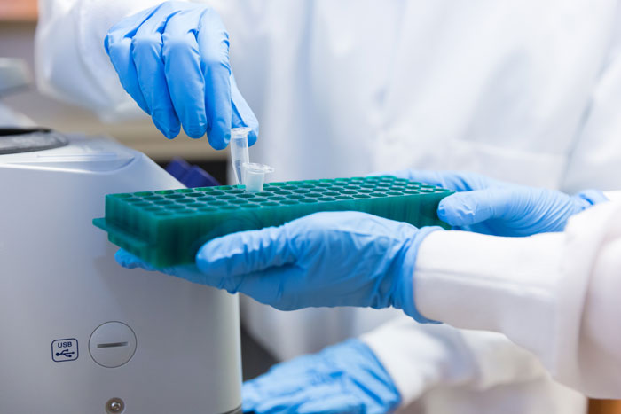 People in laboratory attire placing vials into a tray
