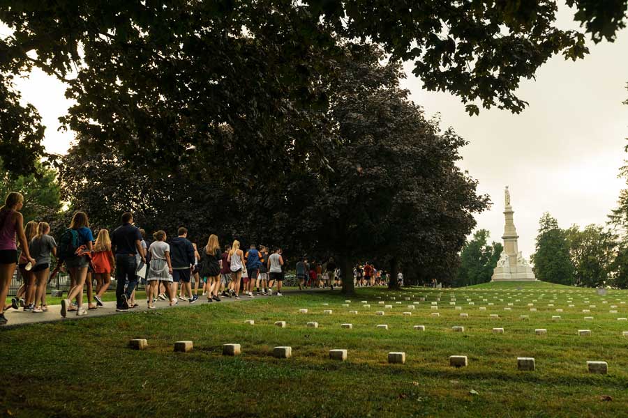 Class of 2023 walking through Gettysburg National Cemetery