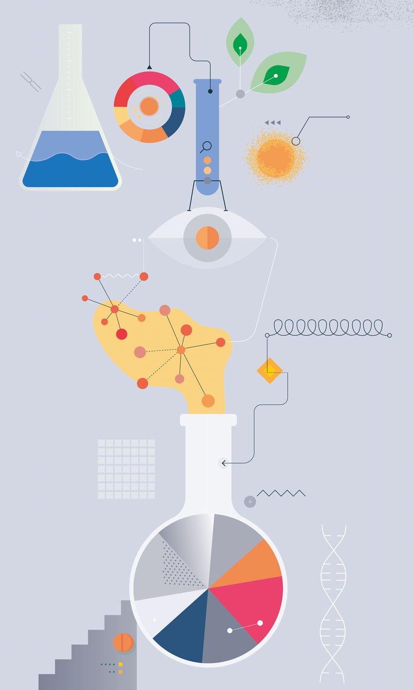 Graphic art with laboratory beakers and test tubes