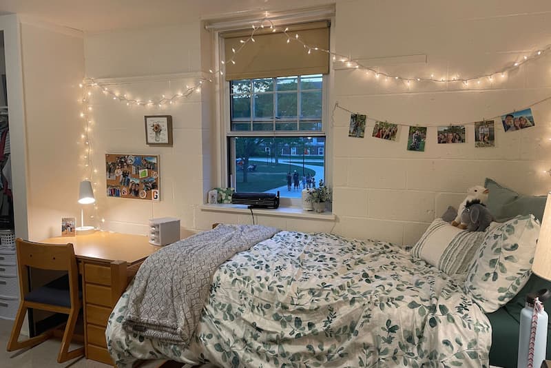 Paul Hall room of Camryn Council ’25 with bed, fairy lights, desk, and pictures and view of West Quad