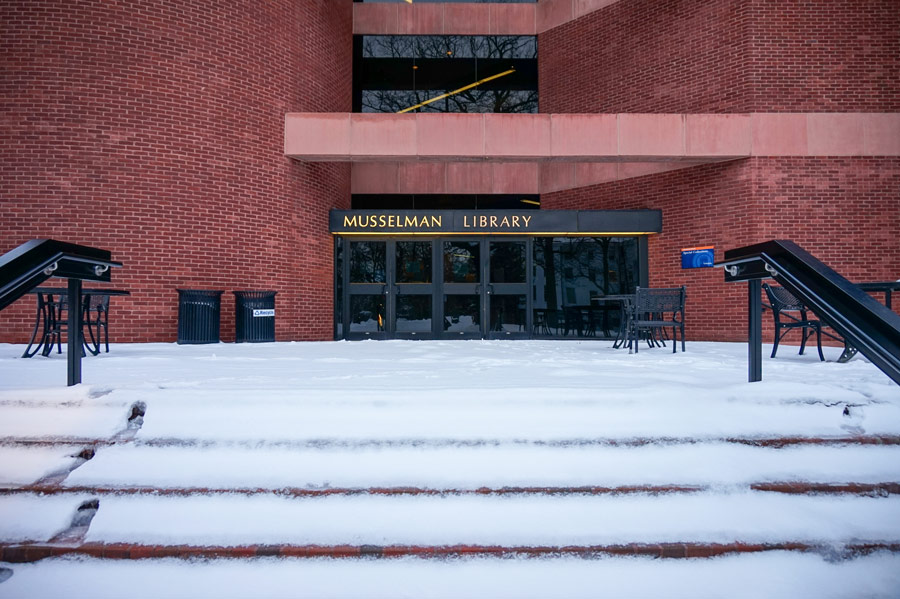 Musselman Libarary on a snowy day