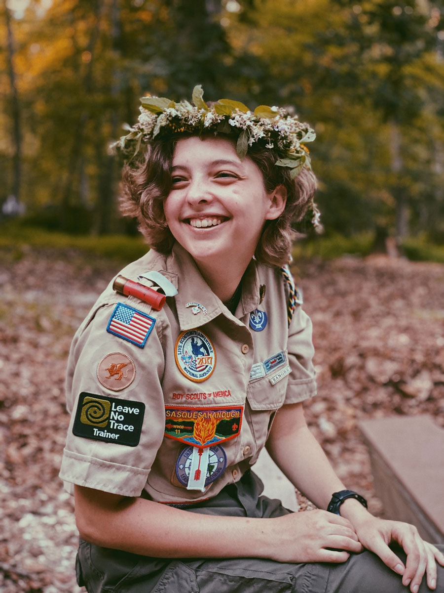 Lyndsey Nedrow in her Eagle Scout Uniform with flowers in her hair