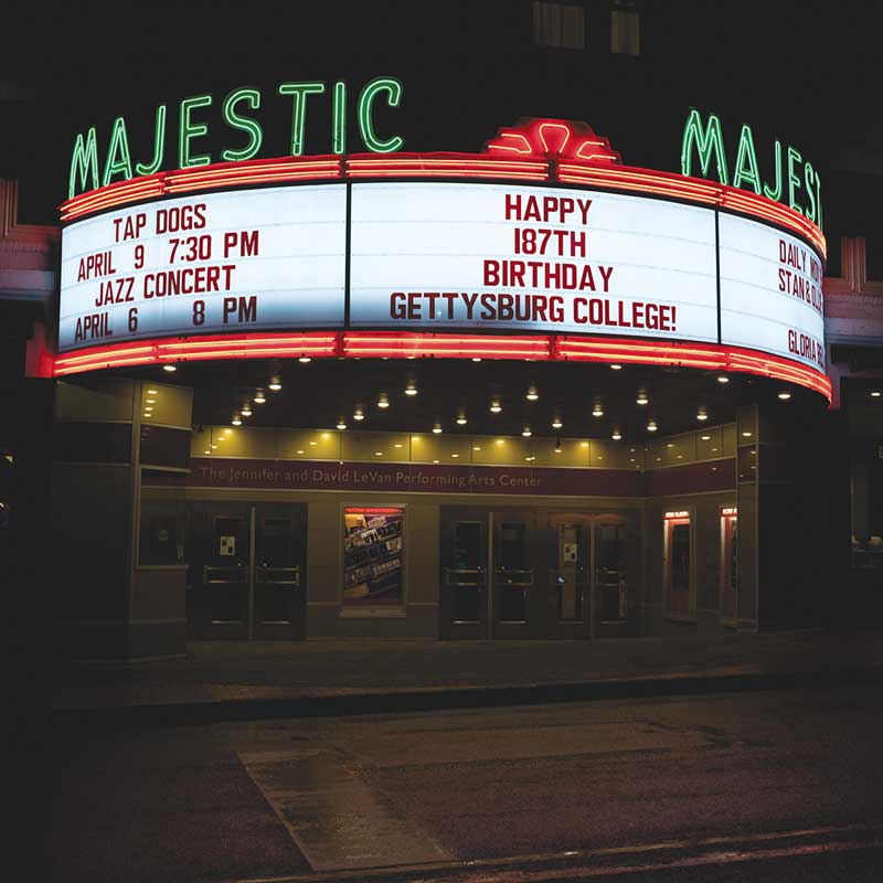Front signage of the Majestic Theater on Founder's Day