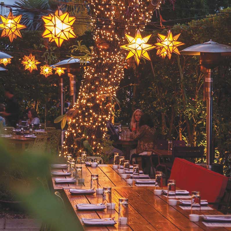 Outdoor dining space with a set table and lights hanging from a tree