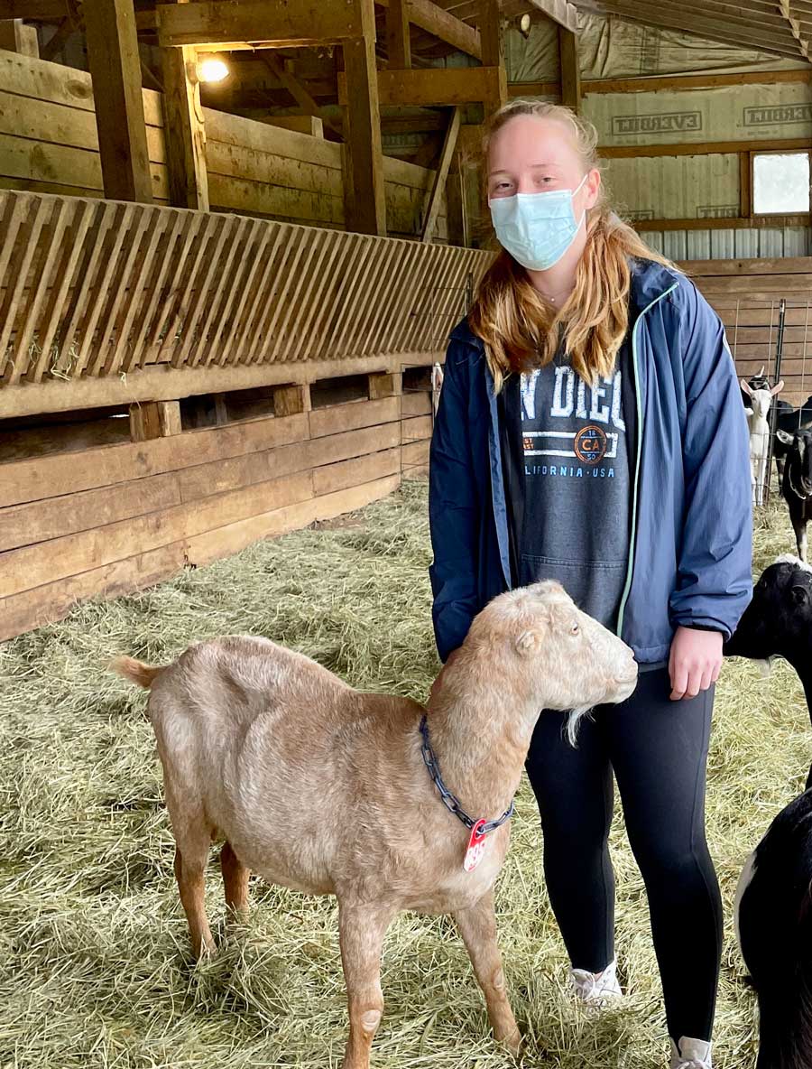 Ellie Sandt in a barn with a goat