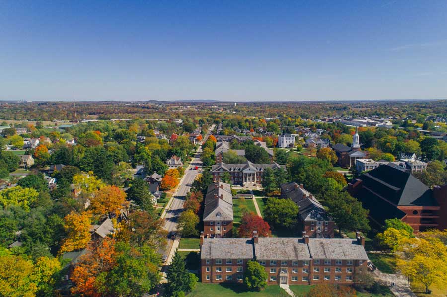 Aerial photo of campus in the fall