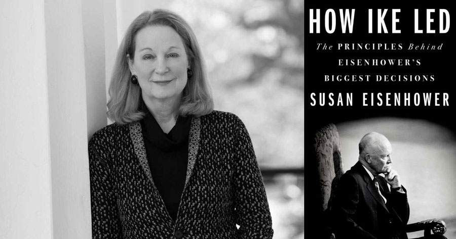 Susan Eisenhower headshot along with an image of her book cover