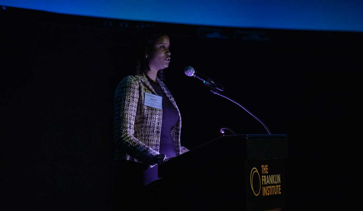 Raycell Diaz Hernandez giving a speech at the Franklin Institute