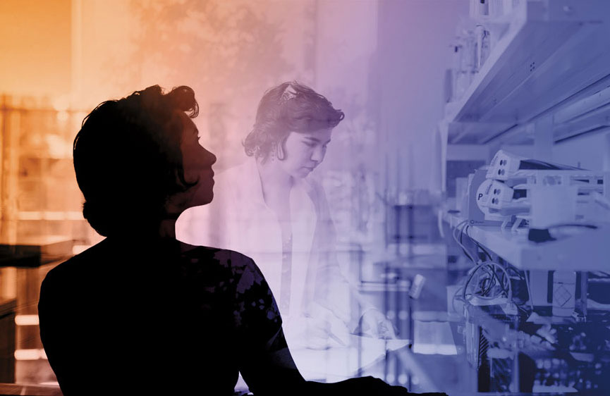 Female student standing in a laboratory in a double exposure image