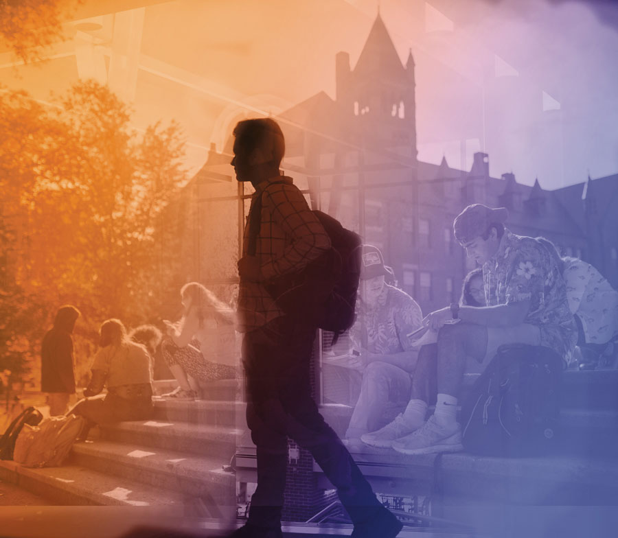 Double exposure of students sitting on steps outside studying with a student walking in the foreground