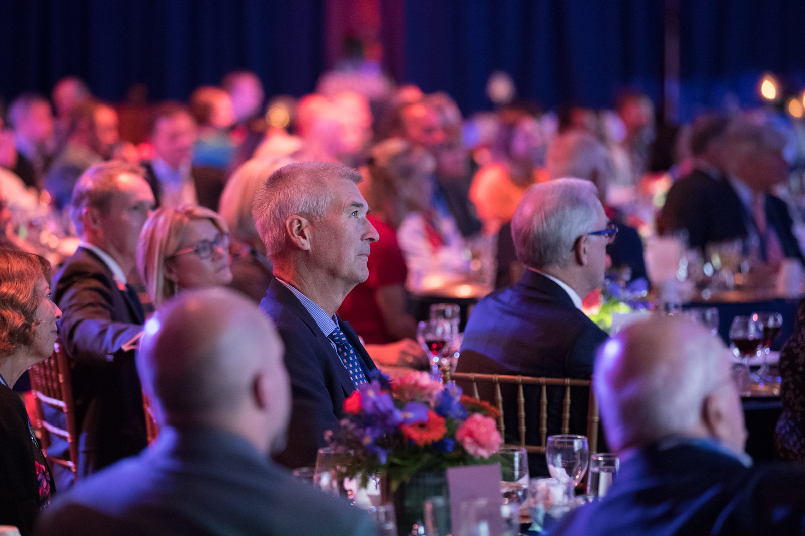 Summit dinner attendees observe presentation