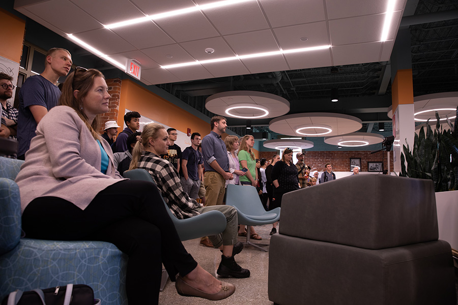 People gather for  the dedication of the Donna Jean Brogan Center for Quantitative Learning